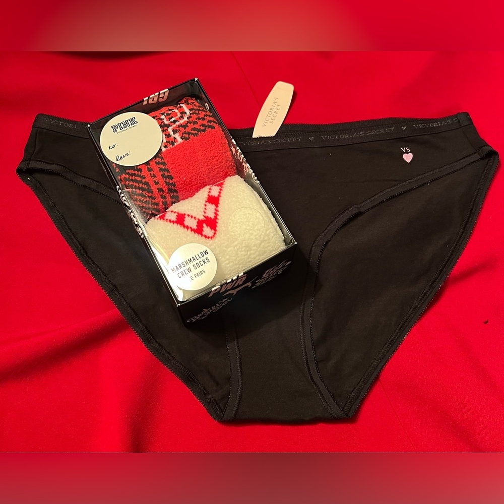 Victoria's Secret Black Panties with Red and Cream Socks Set